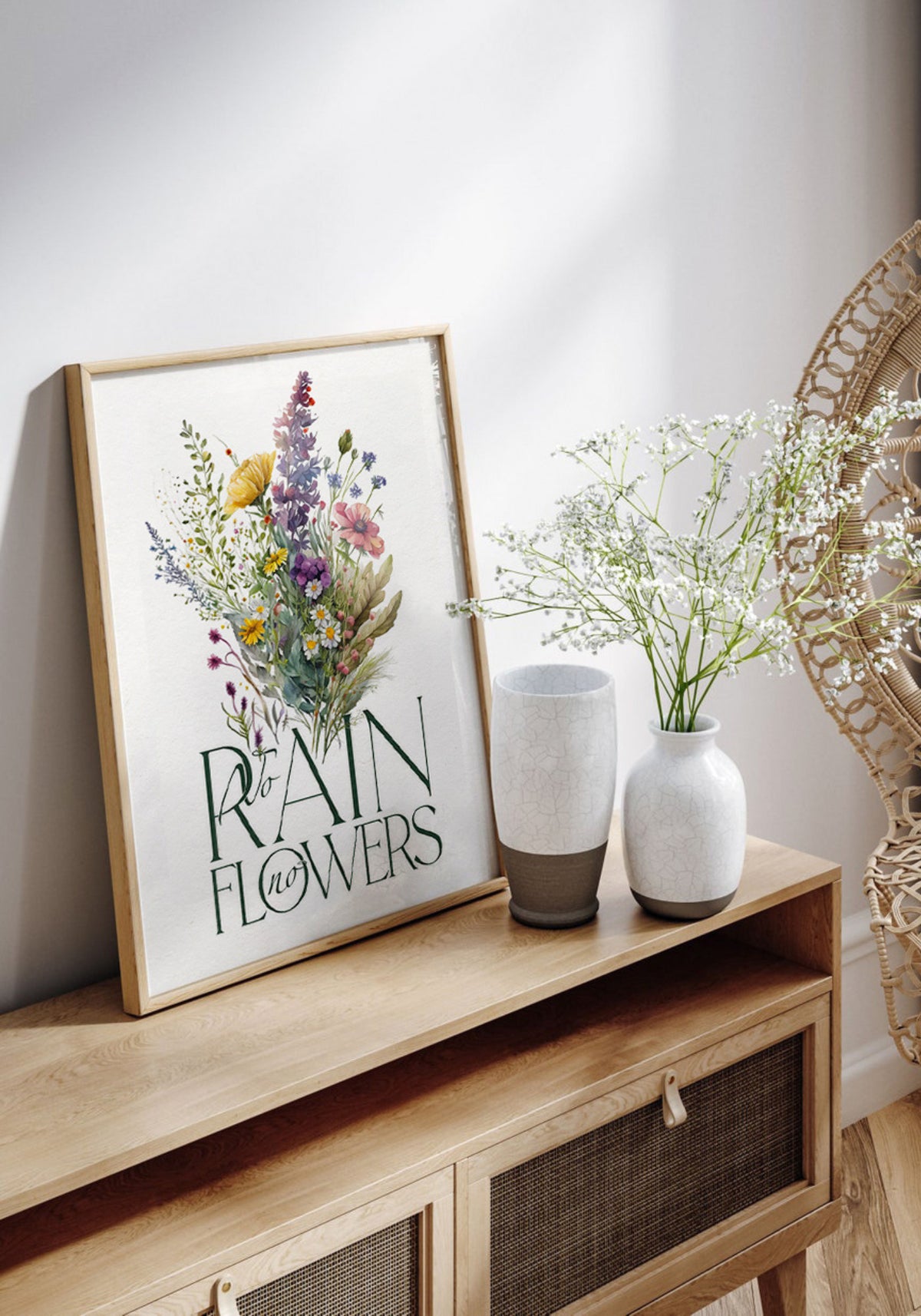 L'affiche illustration et typographie "No rain, no flowers" en 30x40 cm de chez Studio Topo