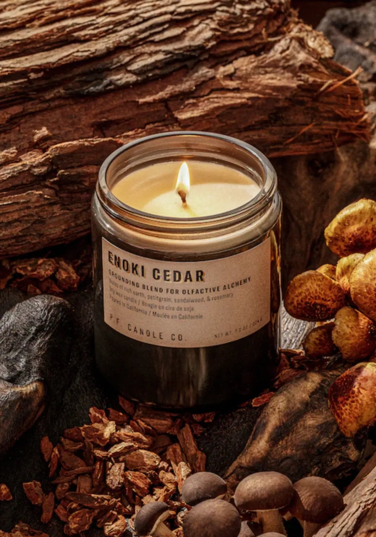 La bougie standard alchemy enoki cedar de chez PF CANDLE 