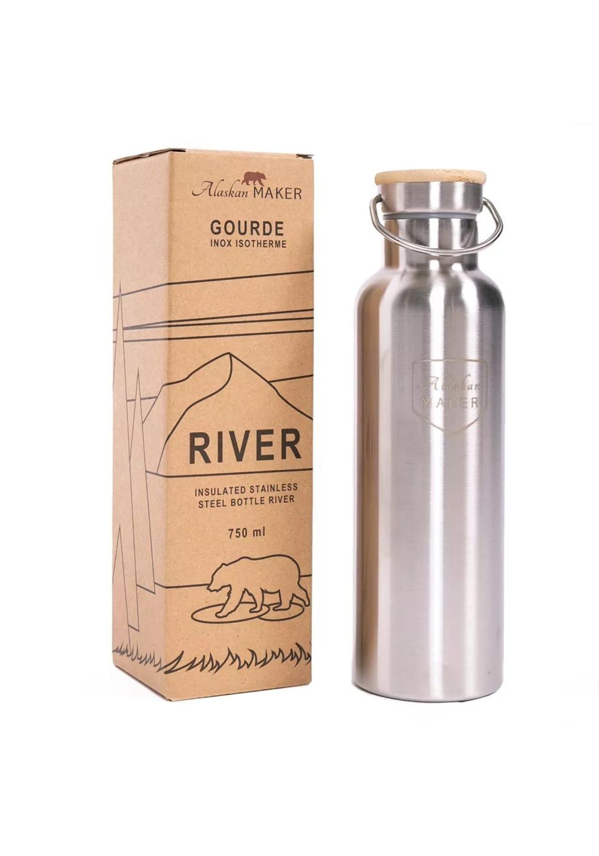 La gronde thermos River en inox de chez Alaskan Maker est à côté de sa boîte en carton