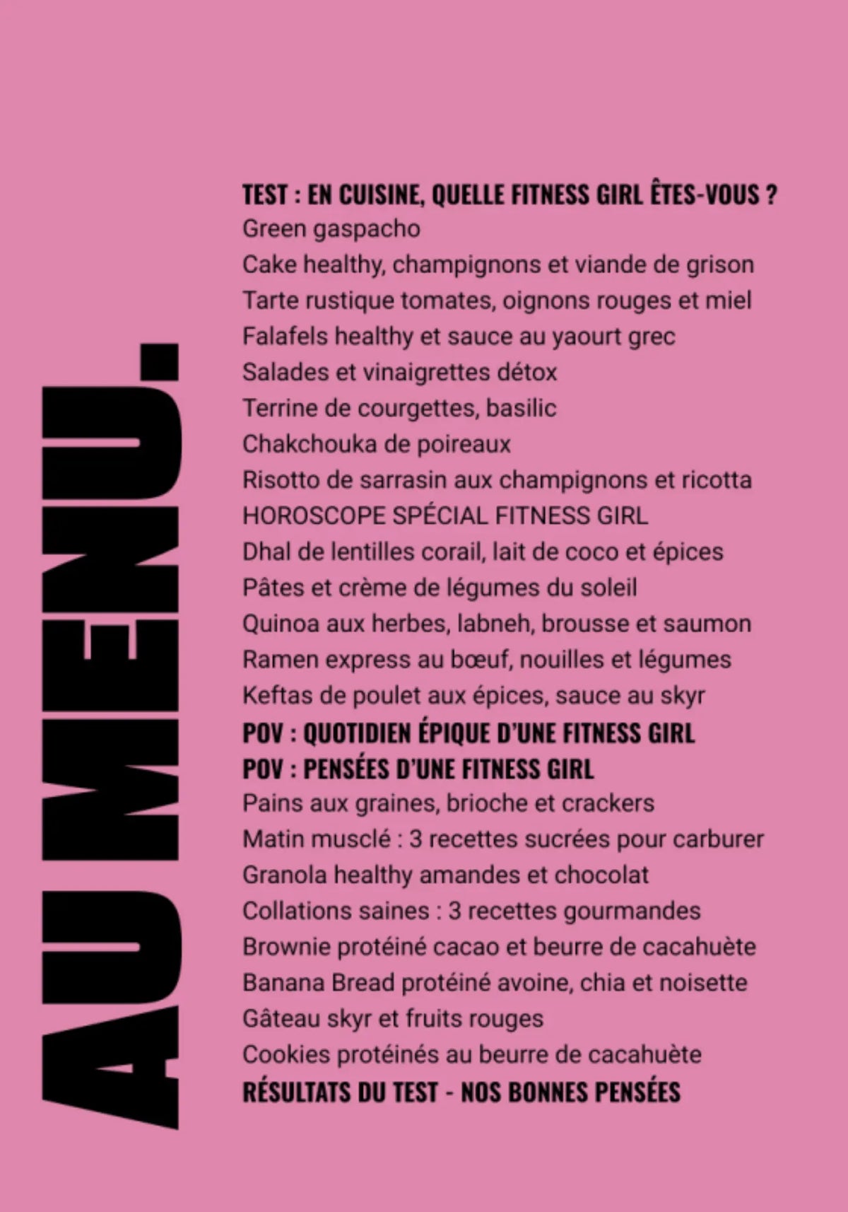 Le menu du livre de recettes fitness girl de chez Cloch
