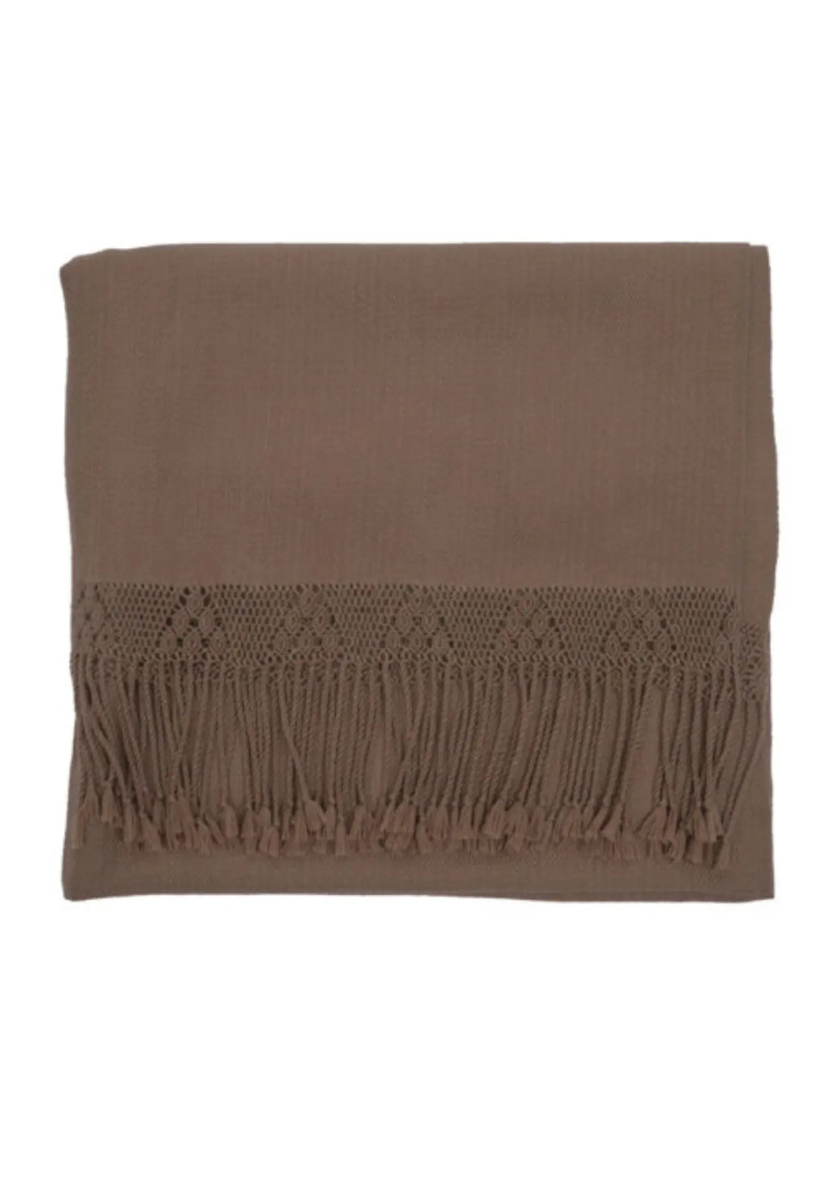 Le plaid ida 90 x 200 cm macramé alpaga caramel de chez Bed and Philosophy
