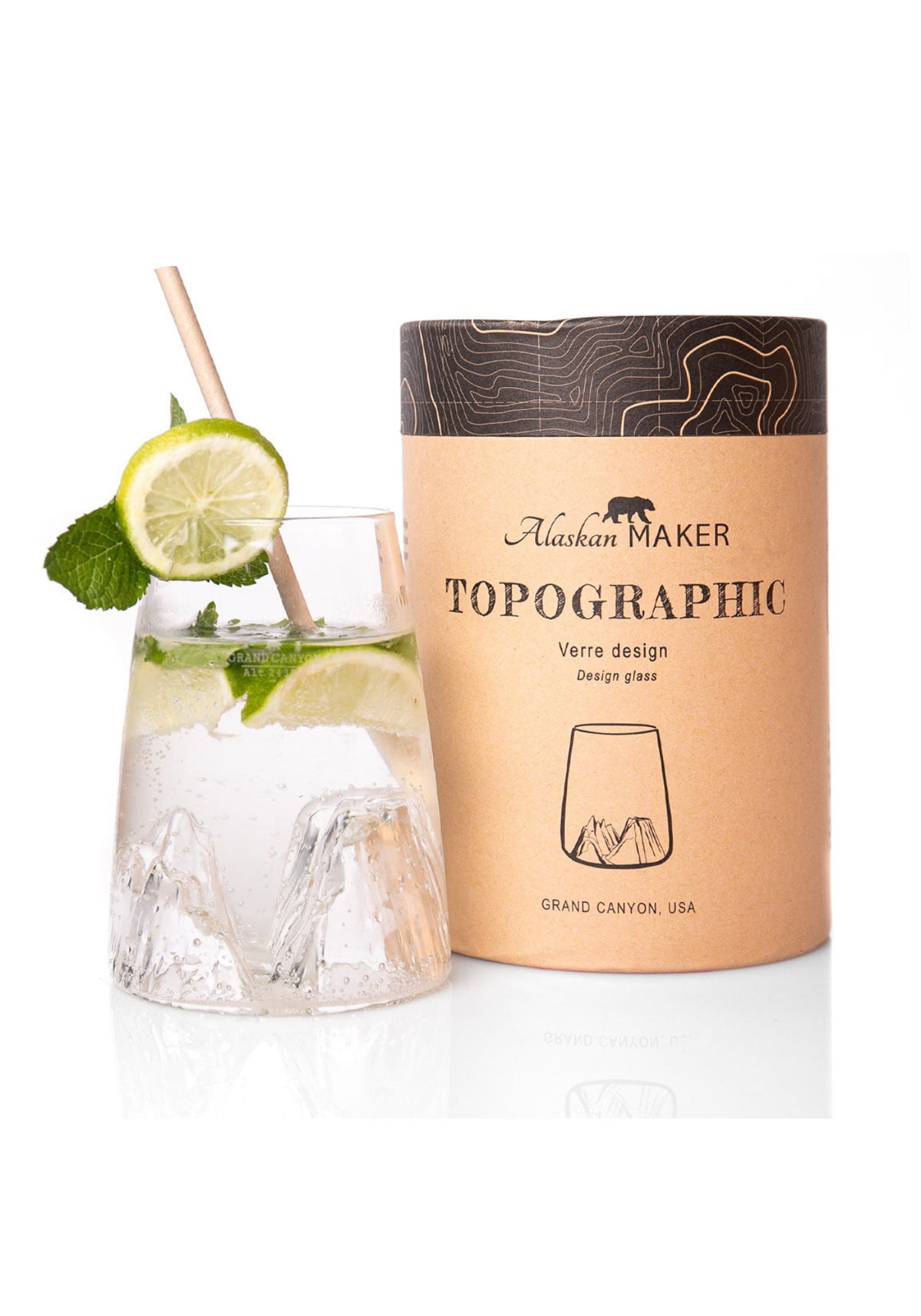 Le verre design topographic Grand Canyon de chez Alaskan Maker avec sa boîte