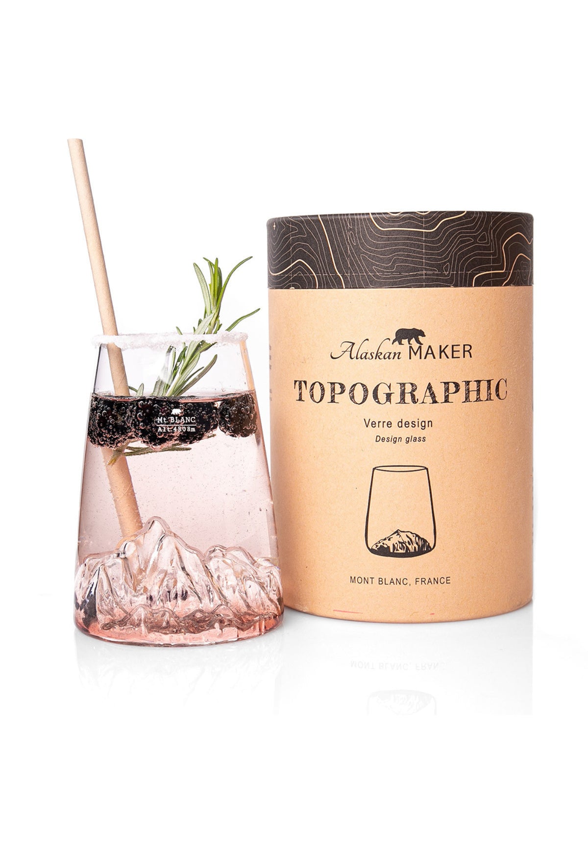 Le verre design topographic Mont Blanc de chez Alaskan Maker avec sa boîte
