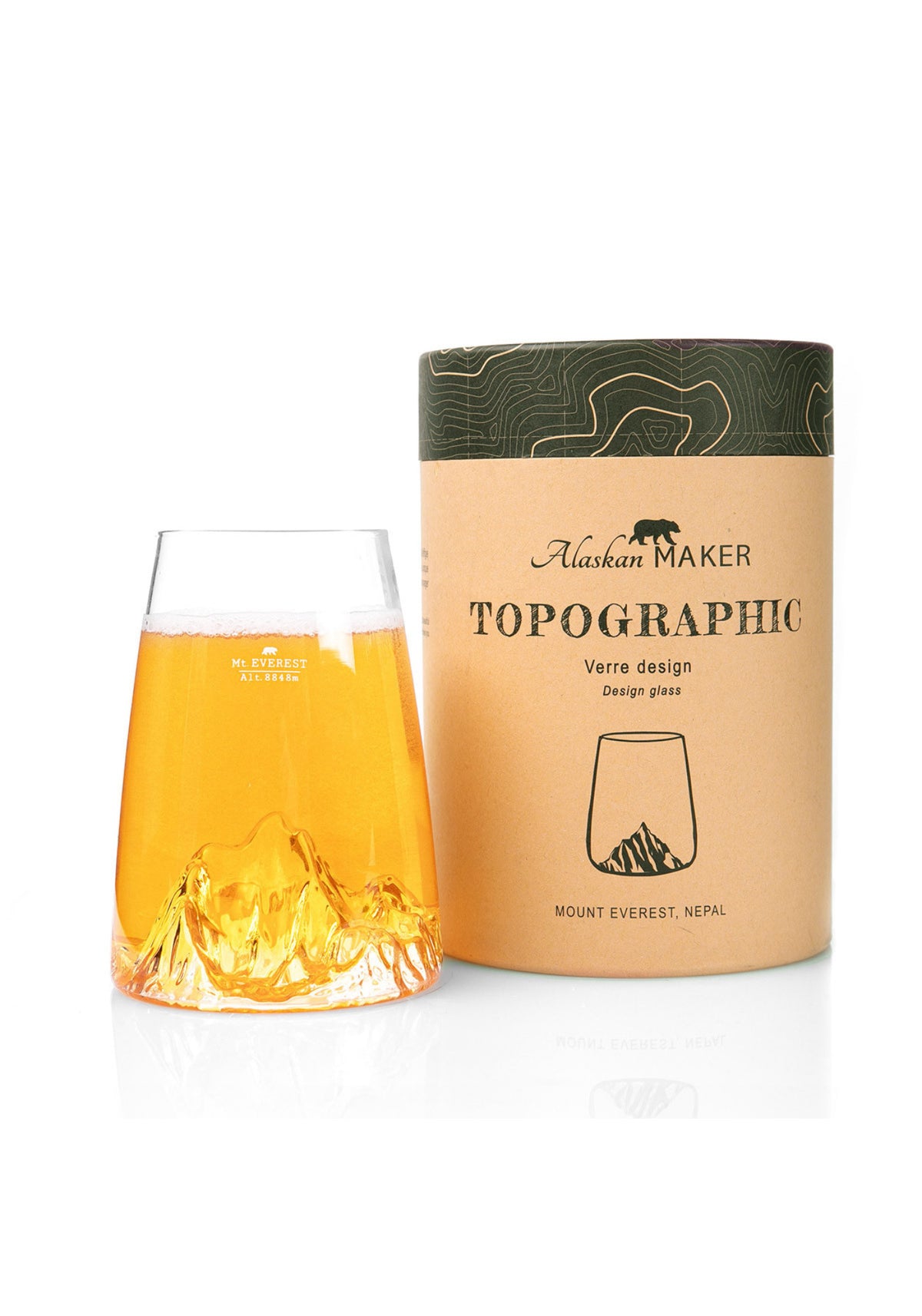Le verre design topographic Mont Everest de chez Alaskan Maker avec sa boîte