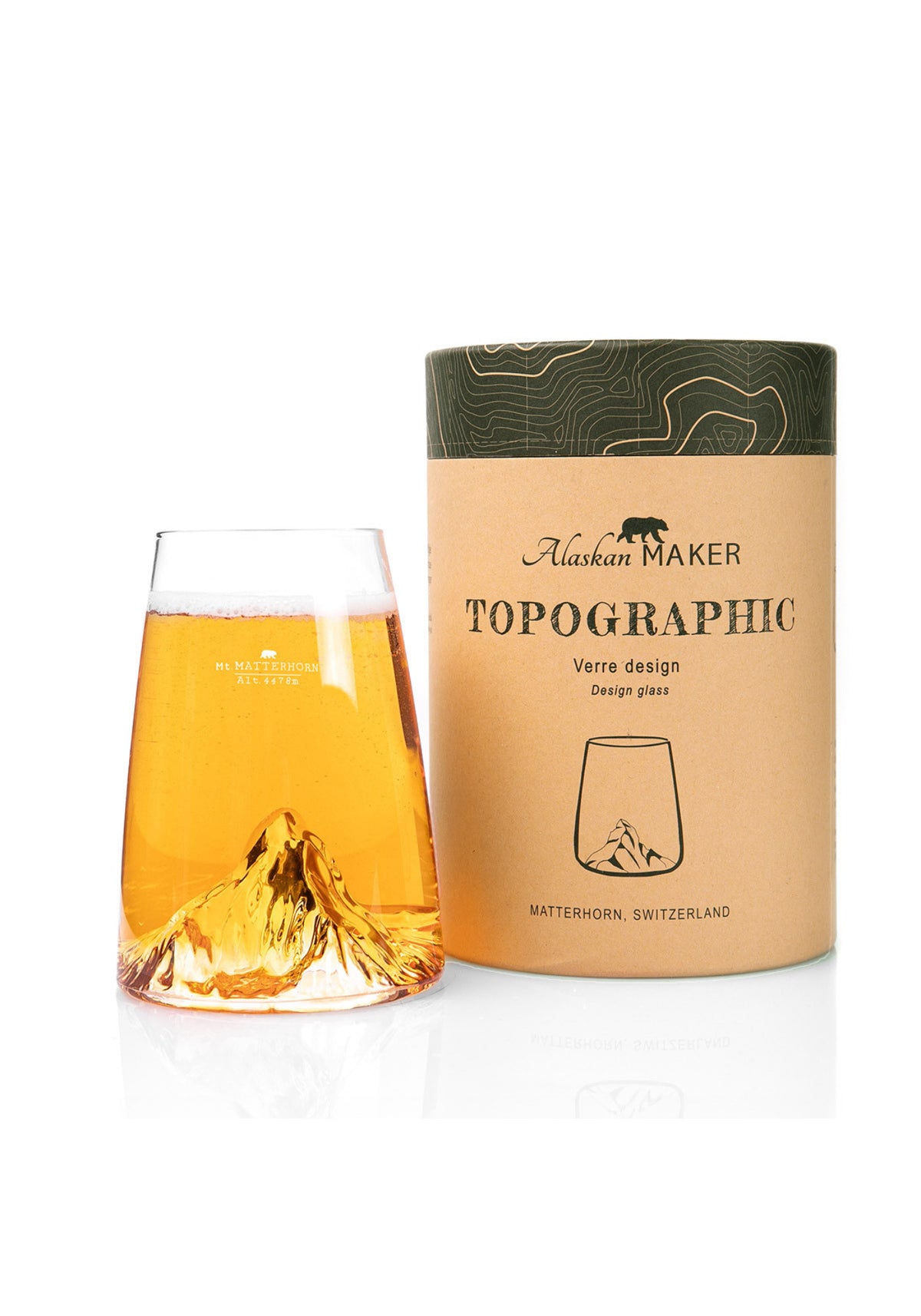 Le verre design topographic Mont Matterhorn de chez Alaskan Maker avec sa boîte